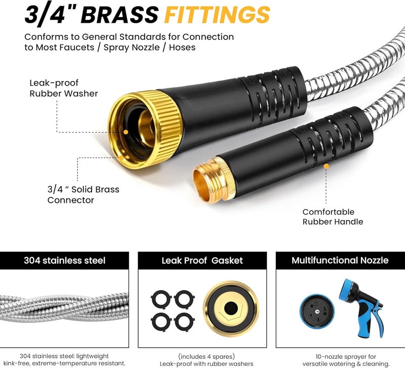Lefree Garden Hose 75ft, Metal Garden Hose, Stainless Steel Hose with 10-Function Nozzle, Flexible Water Hose, Heavy Duty, Crush Resistant, Leak Proof, No Kinks Garden Hoses for Yard, Outdoors, Rv - Image 3